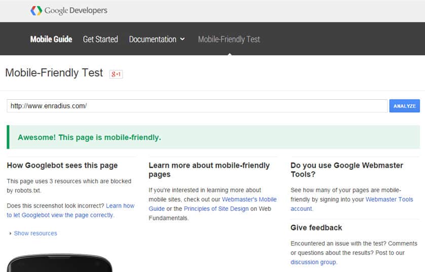 Google Mobile Test Tool