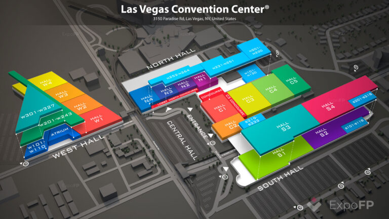 Map of the Las Vegas Convention Center highlighting the West, North, Central, and South Halls used for major trade shows and conferences.