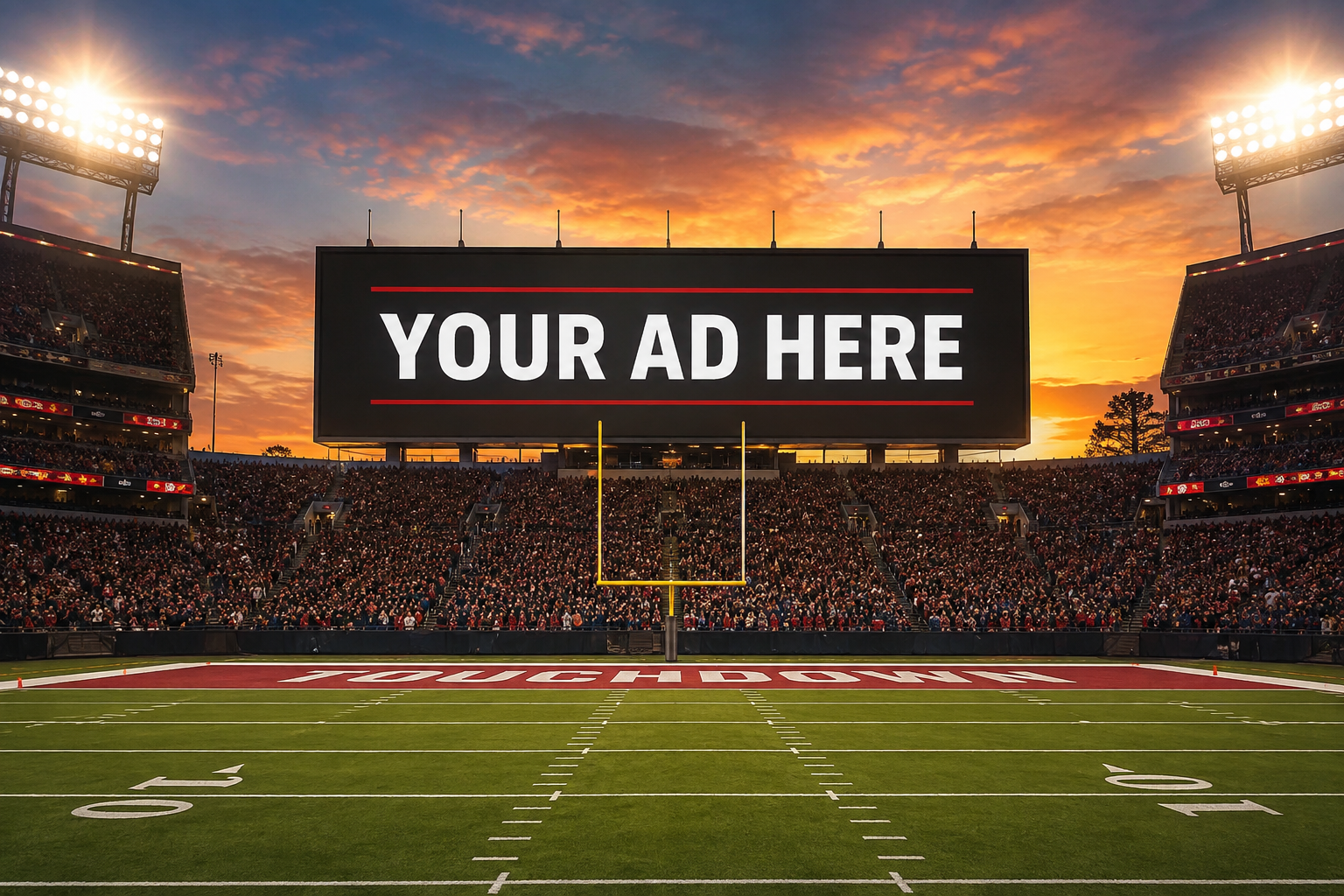 Football stadium with a Your Ad Here billboard overlooking the end zone.