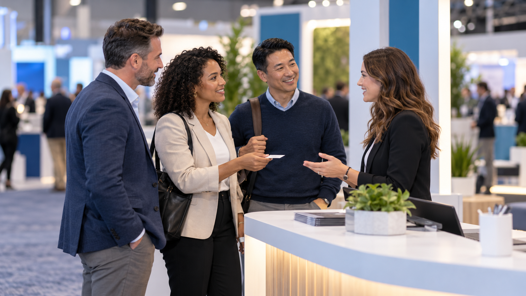 Business professionals exchanging contact information at a conference exhibit booth.